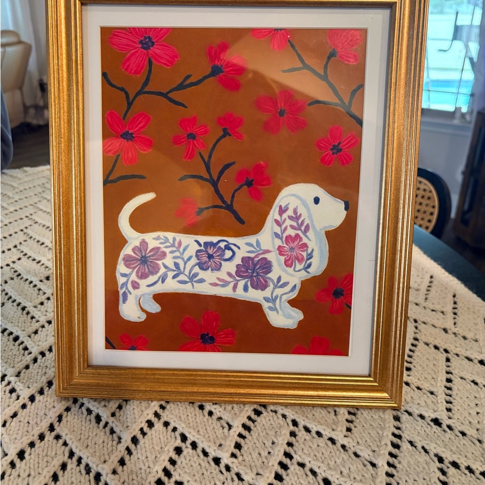 Floral Dog Art in Gold Frame